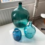 Diverse blauw/groene vazen antiek retro, Minder dan 50 cm, Glas, Blauw, Gebruikt
