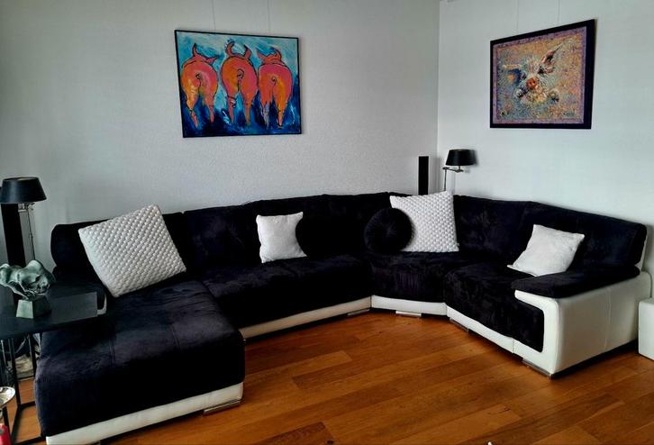 Loungebank zwart alcantara/wit leer, onbeschadigd, Huis en Inrichting, Banken | Complete zithoeken, Zo goed als nieuw, Ophalen