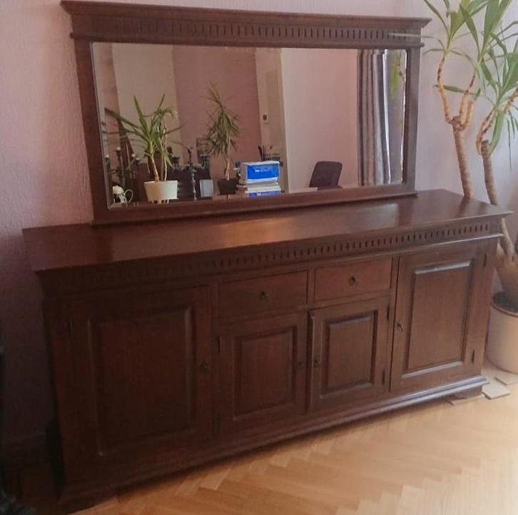 koloniale dressoir met bijpassende spiegel (massief hout), Huis en Inrichting, Kasten | Dressoirs, Gebruikt, 200 cm of meer, 50 tot 75 cm