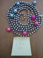 Oude glazen Kerst kralenketting zilver + rose/blauwe ballen, Diversen, Kerst, Ophalen of Verzenden, Gebruikt