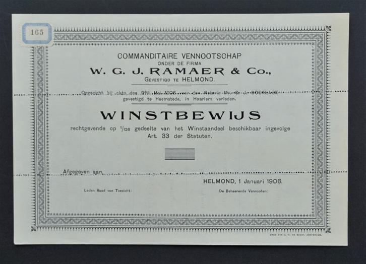 W.G.J. Ramaer & Co. (Textiel/Van Vlissingen) - Helmond 1906, Postzegels en Munten, Aandelen en Waardepapieren, Overige typen, Voor 1920