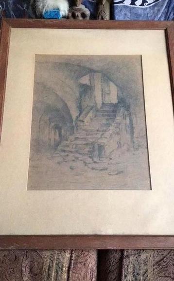 Mysterieuze Antieke Ets/ Tekening in Lijst achter glas beschikbaar voor biedingen