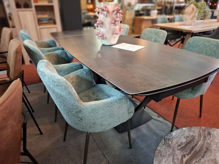 6 Nieuwe Armleuning stoelen, Groen met goud poot Olle Coco, Huis en Inrichting, Stoelen, Nieuw, Vijf, Zes of meer stoelen, Stof