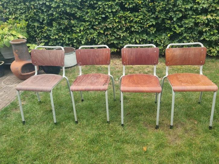 Vintage Retro Stoelen Set van 4, Huis en Inrichting, Stoelen, Gebruikt, Vier, Hout, Metaal, Bruin, Ophalen