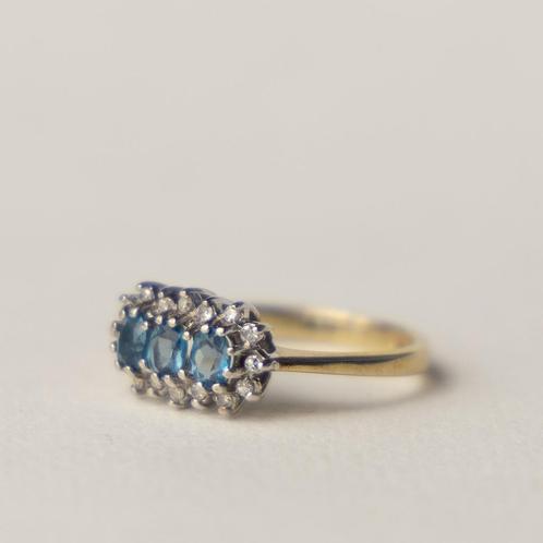 Vintage 9 karaat gouden trilogy topaas diamant ring, Sieraden, Tassen en Uiterlijk, Ringen, Zo goed als nieuw, Dame, Kleiner dan 17