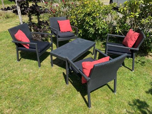 Zwarte wicker loungeset inclusief kussens, Tuin en Terras, Tuinsets en Loungesets, Gebruikt, Tuinset, Wicker, 4 zitplaatsen, Bijzettafel