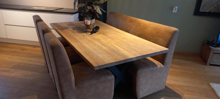 Eetkamerbankje + 3 stoelen op wieltjes van Pronto, Antiek en Kunst, Antiek | Meubels | Stoelen en Banken, Ophalen