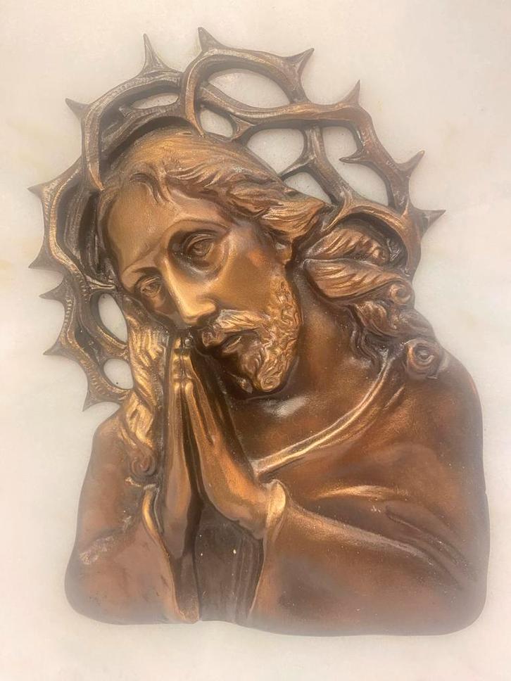 Antieke religieuze plaquette Jezus ( Marmer - Brons )., Antiek en Kunst, Kunst | Beelden en Houtsnijwerken, Ophalen of Verzenden