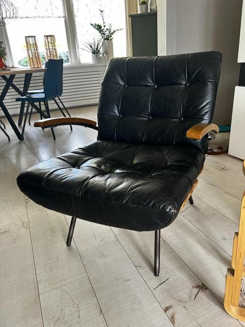 Fauteuil Bastiaan / Zwart leer, Huis en Inrichting, Fauteuils, Gebruikt, Leer, Metaal, 50 tot 75 cm, Minder dan 75 cm, Ophalen