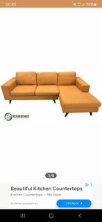 Okergele 3 zits bank, met chaise longue links, Ophalen, Gebruikt