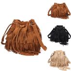 Dames velourse schoudertas kwasten bruine zwarte tas suede, Verzenden, Nieuw