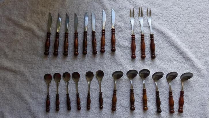 WMF Burgund cromargan-edelstaal bestek met houten heften, Antiek en Kunst, Antiek | Bestek, Ophalen of Verzenden