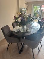 6 eetkamerstoelen grijsbruin, Ophalen, Zo goed als nieuw, Rechthoekig, 50 tot 100 cm