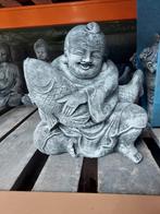 Lachende Boeddha met Koi Karper Tuinbeeld, Ophalen of Verzenden, Zo goed als nieuw, Beton, Boeddhabeeld