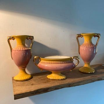 Vintage Italiaanse Vaas Set - Roze/Geel beschikbaar voor biedingen