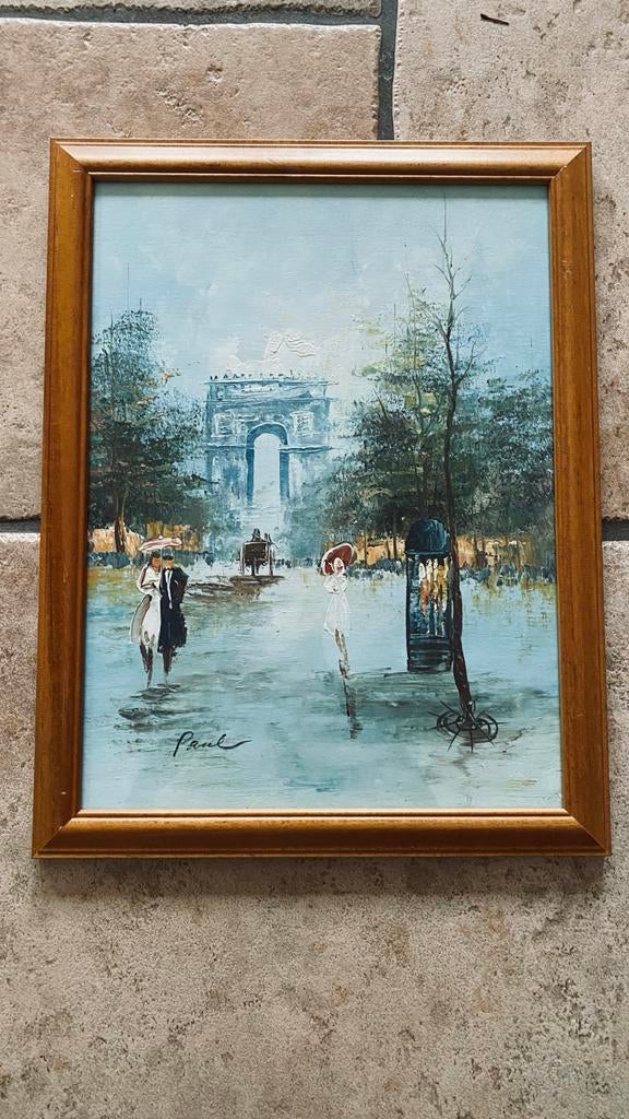 Frans schilderij met eiken lijst - 45x35 cm, Antiek en Kunst, Kunst | Schilderijen | Klassiek, Ophalen of Verzenden