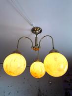 Art-Deco kroonluchter messing glazen marmeren bollamp, Ophalen, Zo goed als nieuw