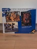 Puzzel 3 in 1 - Paarden, Tijgers, Leeuwen - 3x1000 stukjes, Ophalen of Verzenden, Zo goed als nieuw, 6 jaar of ouder