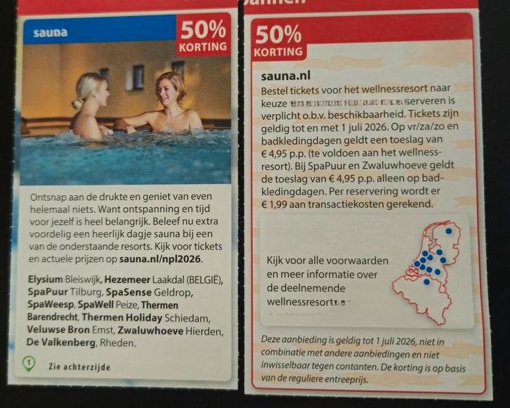 Sauna 50% korting, Tickets en Kaartjes, Kortingen en Cadeaubonnen