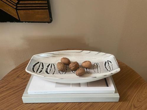 Vintage Ovale Raku Keramieken Schaal met Geometrisch Design, Huis en Inrichting, Woonaccessoires | Dienbladen, Gebruikt, Overige materialen