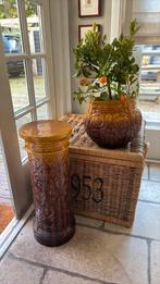 Oker aarde Planten pot & sokkel leeuwekop versace look, Ophalen, Gebruikt, Rechthoekig, Porselein of Keramiek