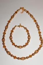 Mooi setje van een ketting en armband in goudkleur en beige, Sieraden, Tassen en Uiterlijk, Kettingen, Overige materialen, Met kristal