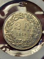Zwitserland 2 frank 1943 zilver zeer mooi, Postzegels en Munten, Munten | Europa | Euromunten, Zilver, Overige landen, Losse munt