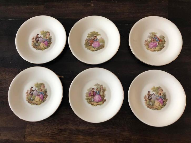 Vintage gebaksbordjes met afbeelding 6 stuks onbeschadigd, Antiek en Kunst, Antiek | Servies compleet, Ophalen of Verzenden