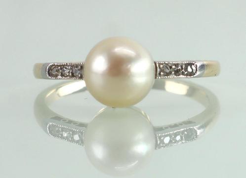 Antieke Art Deco gouden ring met parel en diamant, Sieraden, Tassen en Uiterlijk, Antieke sieraden, Ring, Goud, Ophalen of Verzenden