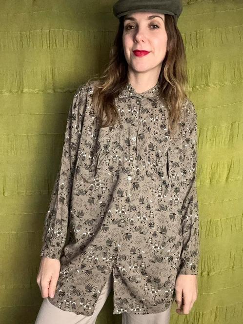 Vintage oversized blouse - beige / bruin - print - 90s L/40, Kleding | Dames, Blouses en Tunieken, Gedragen, Maat 38/40 (M), Beige