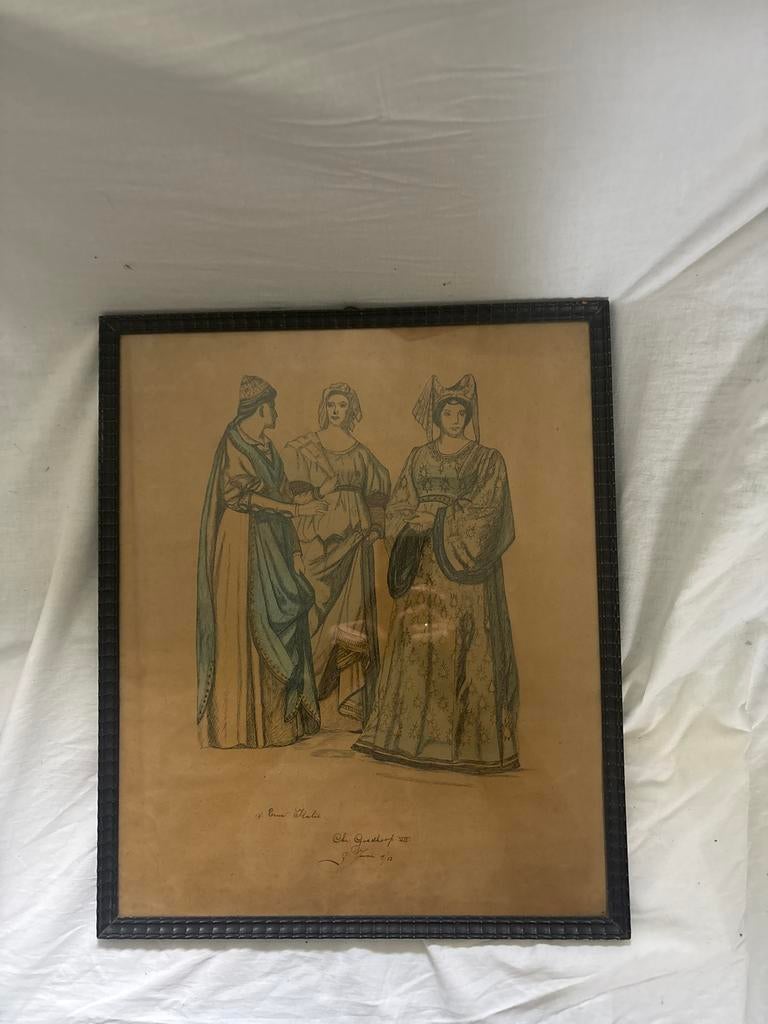 Oude tekening van vrouwen in middeleeuwse kledij, Antiek en Kunst, Ophalen of Verzenden