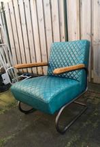 Industrieel zeteltje ,blauw petrol leder met onderhoud setje, Huis en Inrichting, Fauteuils, 75 tot 100 cm, Ophalen of Verzenden