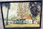 Joop Kneppers, Meisjes bij landhuis. Olie/doek. 1985., Huis en Inrichting, Ophalen, Zo goed als nieuw, Schilderij, 75 tot 100 cm