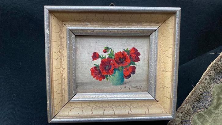 Mini schilderijtje met klaprozen, Antiek en Kunst, Antiek | Woonaccessoires, Ophalen of Verzenden