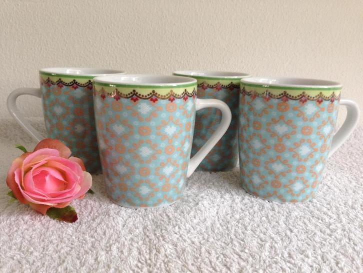 🌹4 ALBERT HEIJN Mokken Blauw met Goud/Groen Randje 175 m, Huis en Inrichting, Keuken | Servies, Zo goed als nieuw, Kop(pen) en/of Schotel(s)