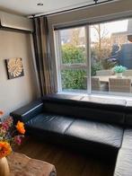 Bankstel van zwart leer in hoekopstelling, Huis en Inrichting, Banken | Bankstellen, Ophalen, Gebruikt, 100 tot 125 cm, Hoekbank