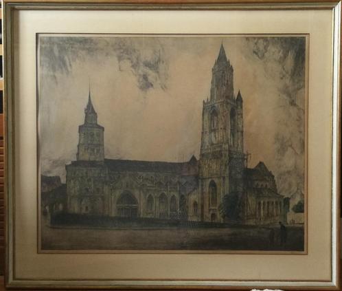 Grote vintage ets van de kerken aan het Vrijthof, Maastricht, Antiek en Kunst, Kunst | Etsen en Gravures, Ophalen