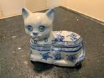 Vintage blauw-witte keramische kat vormige snuisterij doos, Ophalen of Verzenden