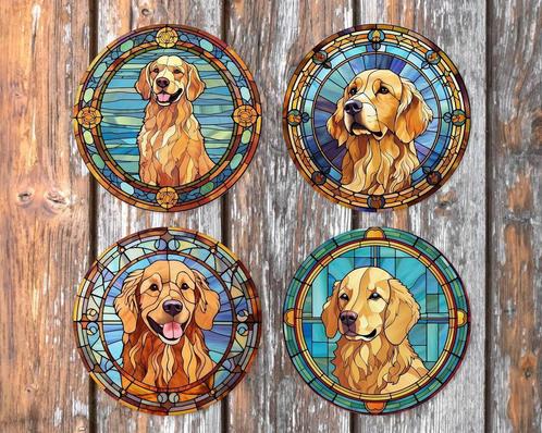 Golden Retriever Glas in Lood onderzetters met houder rond, Huis en Inrichting, Woonaccessoires | Onderzetters, Zo goed als nieuw