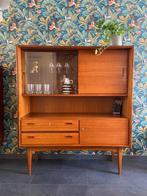Vintage Wandkast met vitrine, klep en laden, Ophalen, Gebruikt, Teakhout, Minder dan 150 cm
