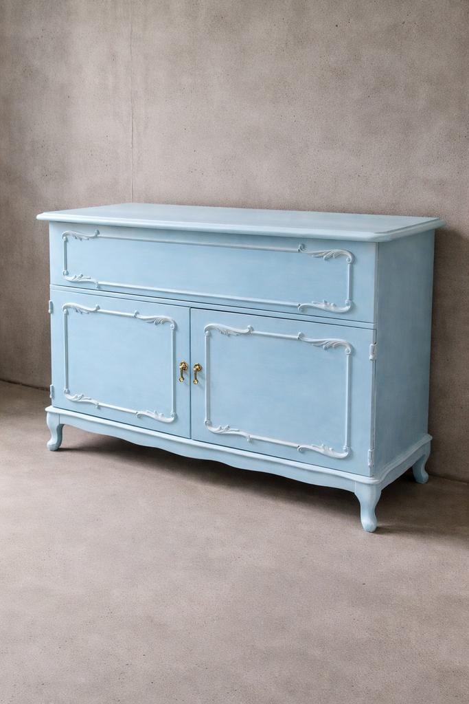 MOET ZSM WEG Lichtblauwe barok commode met gouden knoppen, Ophalen, 25 tot 50 cm, 100 tot 150 cm, Minder dan 100 cm