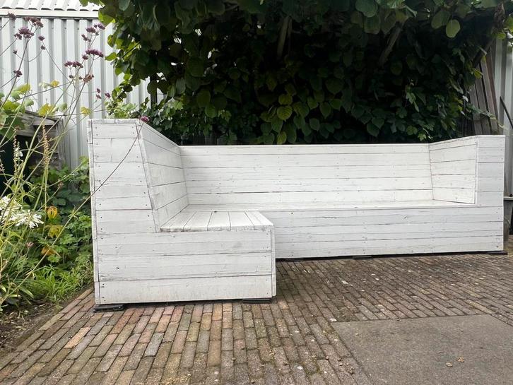 Steigerhouten L-bank 300x180 cm wit hoes v herfst/winter, Tuin en Terras, Tuinbanken, Gebruikt, Hout, Ophalen