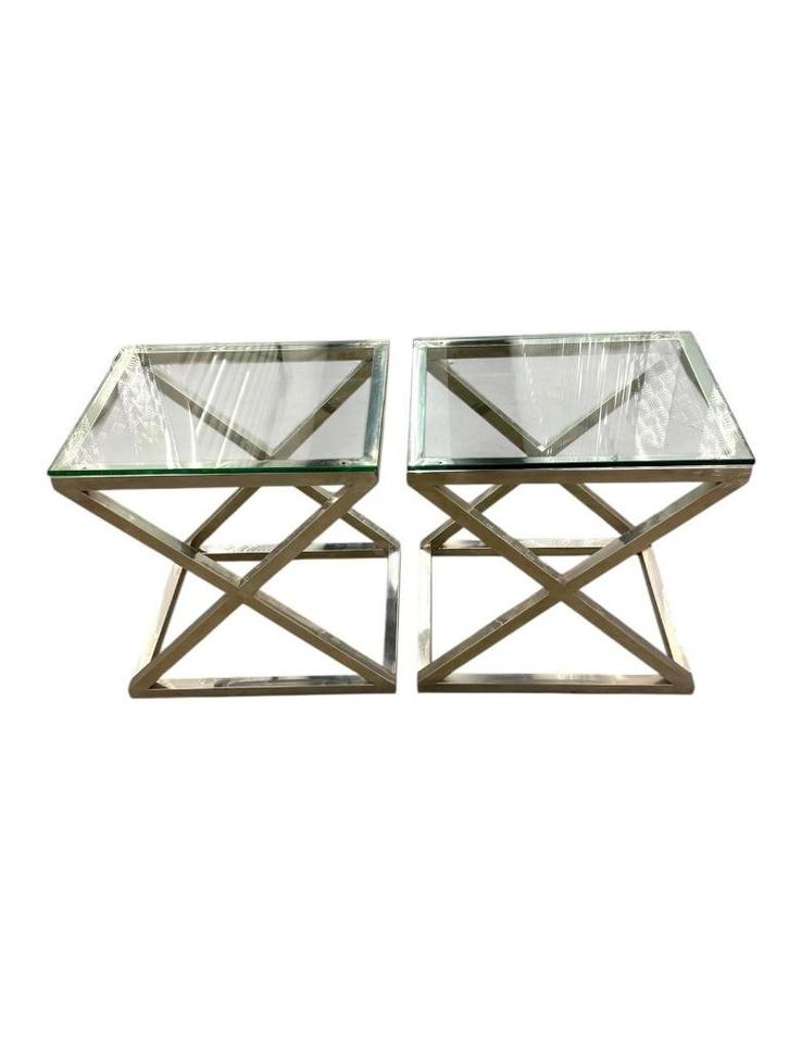 Design bijzettafels stijl Criss Cross 2 stuks chroom en glas, Huis en Inrichting, Tafels | Bijzettafels, Zo goed als nieuw, Rechthoekig
