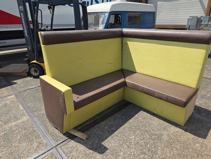 Bruin-groene kunststof hoekbank, Huis en Inrichting, Banken | Complete zithoeken, Gebruikt, Kunststof, Ophalen