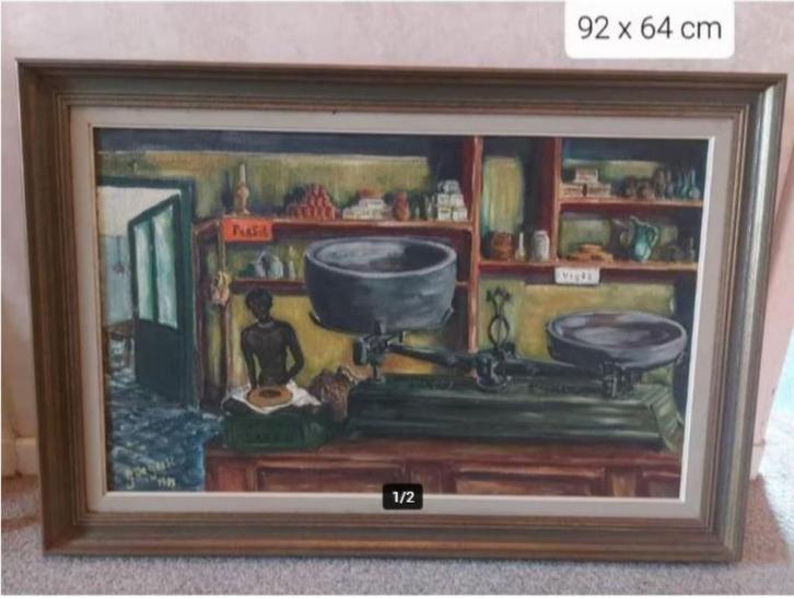 vintage schilderij ``Vlaamse kruidenier 30er Jaren`, Antiek en Kunst, Curiosa en Brocante, Ophalen