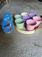 7 fleurige potjes op een schaal met handvaten, Ophalen, Tuin, Kunststof, Gebruikt