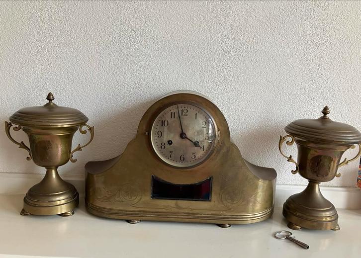 Antiek Koperen Klokstel met Vazen, Antiek en Kunst, Antiek | Klokken, Ophalen