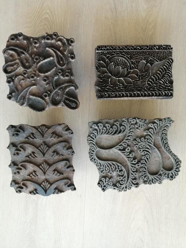3 antiek houten behang textiel stempel uitgesneden bloemen, Antiek en Kunst, Antiek | Kleden en Textiel, Ophalen of Verzenden