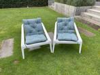 Witte kunststof tuin lounge stoelen met kussens, Ophalen, Kunststof, Gebruikt, Twee