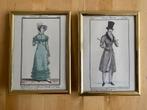 2 Brocante Vintage schilderijtjes met mode prent man & vrouw, Ophalen of Verzenden